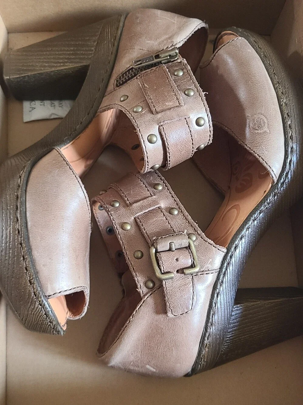 Women’s Taupe Leather Platform Heels with Buckle Strap